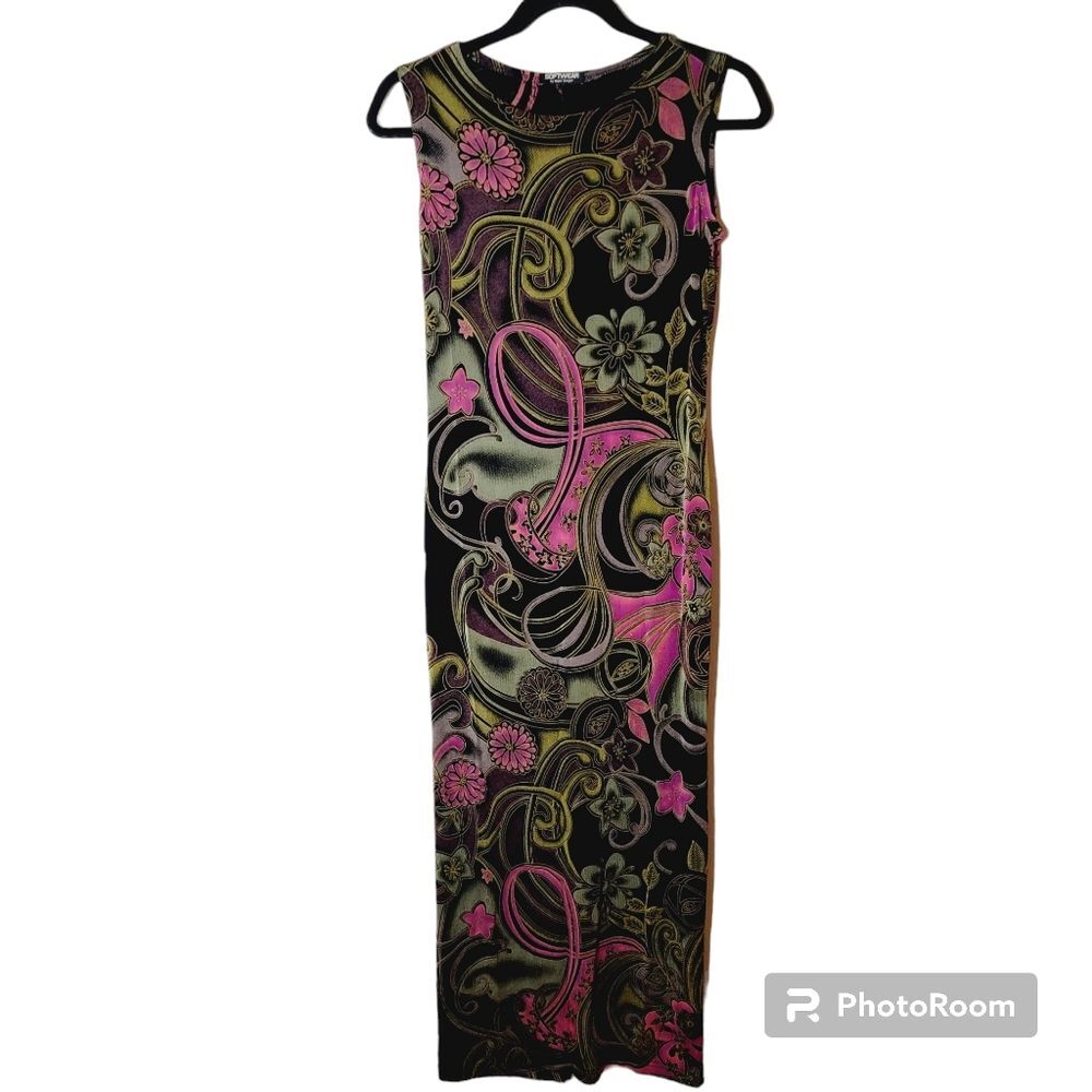 Software mark singer vintage 70's black pink sleeveless maxi dress side slit